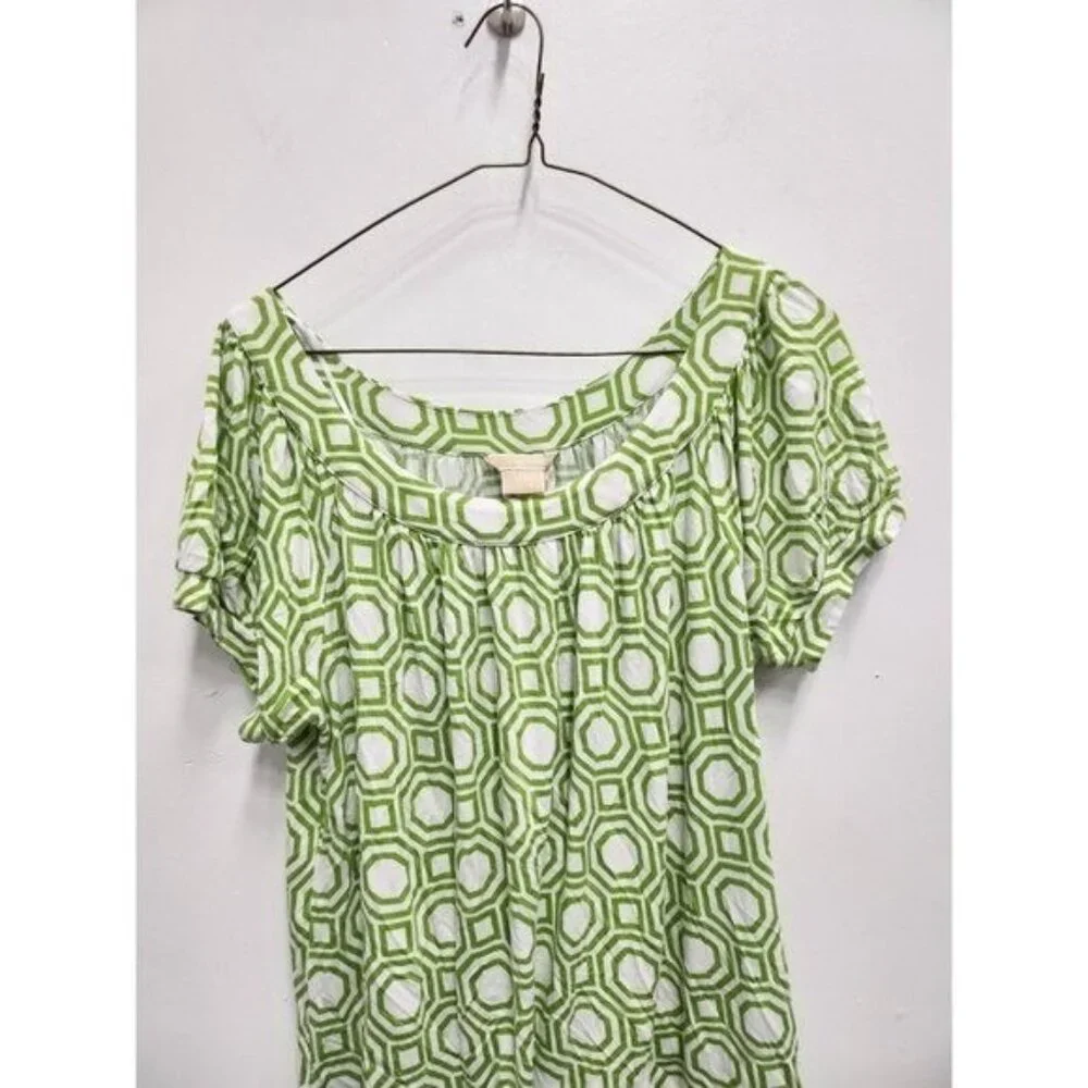 Michael Michael Kors Womens Top Medium Green‎ Printed Puff Sleeve Boat Neck BOHO
